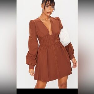 Chocolate Button Front Fitted Puff Sleeve Skater Dress